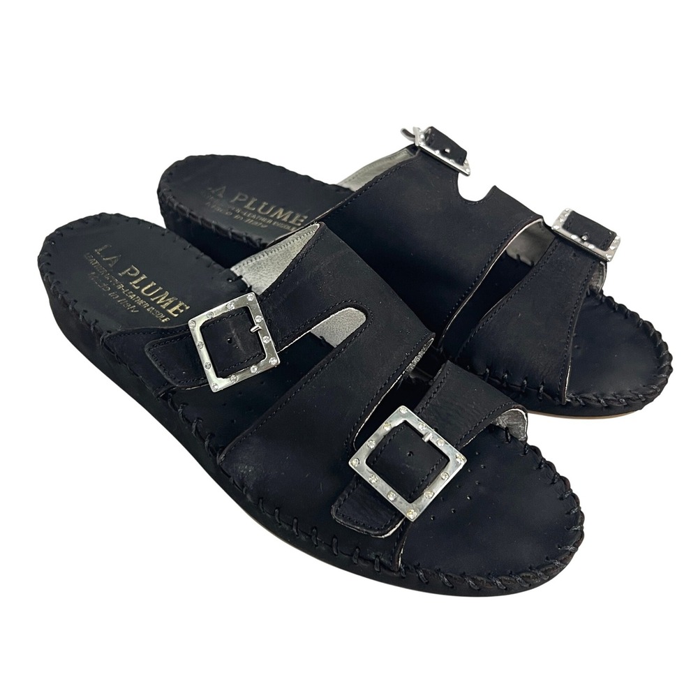 LA PLUME Black Leather Double Buckle Slip On Sandals Made‎ in Italy Women's 39 9